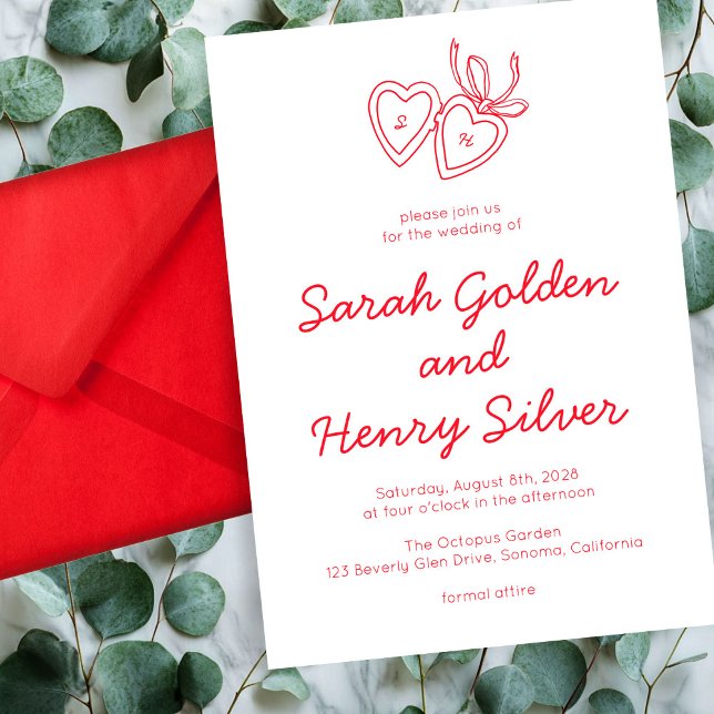 Whimsical Heart Locket Doodle Sketch Modern CUSTOM Invitation (Whimsical Heart Locket Doodle Sketch Modern CUSTOM Invitation Red White)