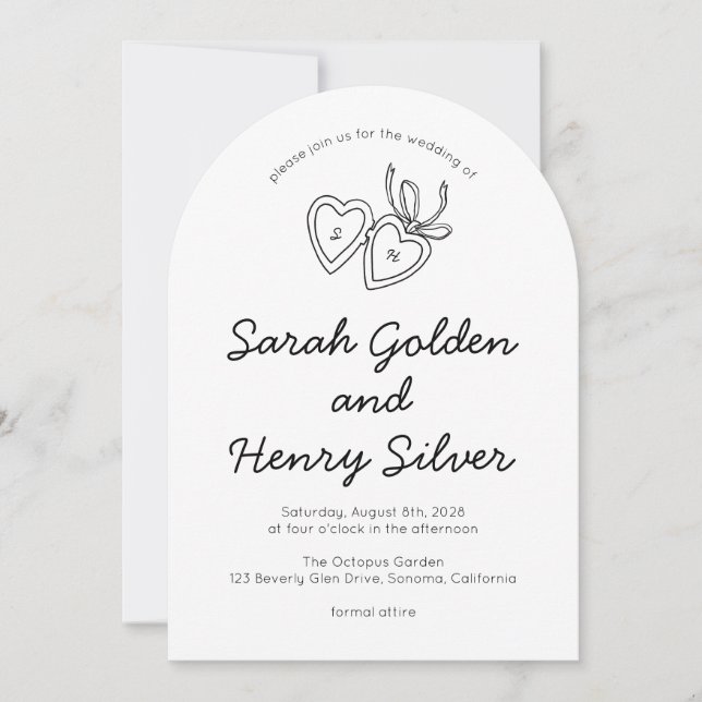 Whimsical Heart Locket Doodle Sketch Modern CUSTOM Invitation (Front)