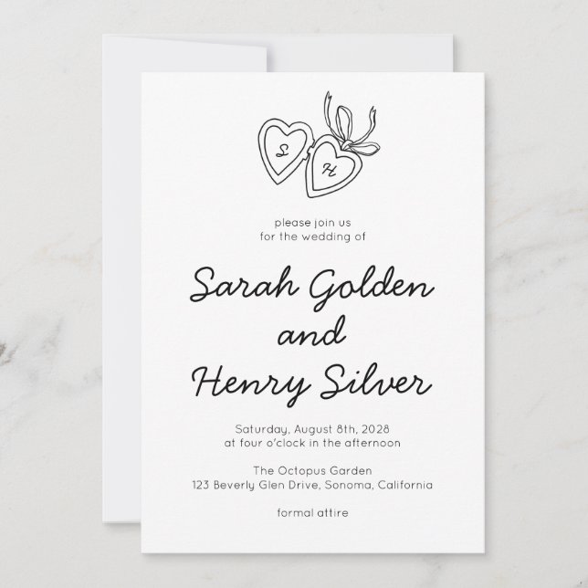 Whimsical Heart Locket Doodle Sketch Modern CUSTOM Invitation (Front)
