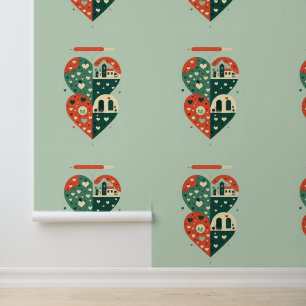 Whimsical Heart-Shaped Village Scene Wallpaper