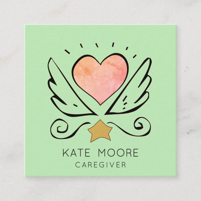 Whimsical Heart Wings Caregiver Square Business Card (Front)