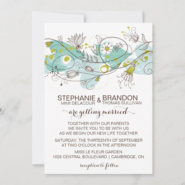 Whimsical Hearts and Flowers Wedding Invitations (Front)