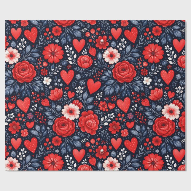 Whimsical Hearts and Flowers Wrapping Paper (Flat)