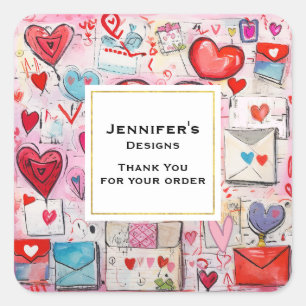 Whimsical Hearts and Love Letters Biz Thank You Square Sticker