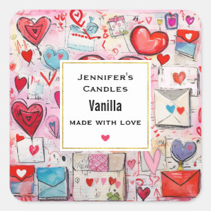 Whimsical Hearts and Love Letters Candle Business Square Sticker