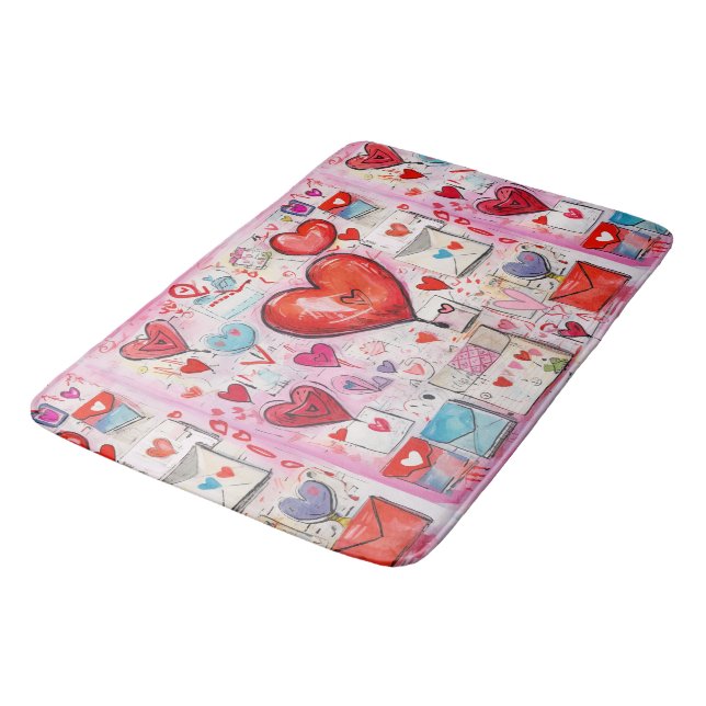 Whimsical Hearts and Love Letters Pattern Bath Mat (Angled)