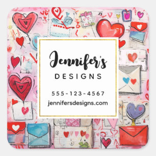 Whimsical Hearts and Love Letters Pattern Business Square Sticker