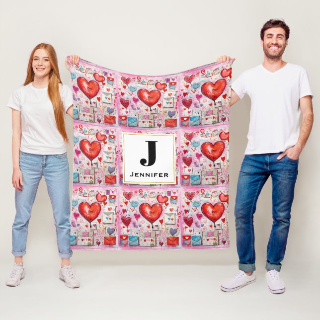 Whimsical Hearts and Love Letters Pattern Fleece Blanket (In Situ)