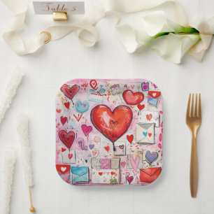Whimsical Hearts and Love Letters Pattern Paper Plate