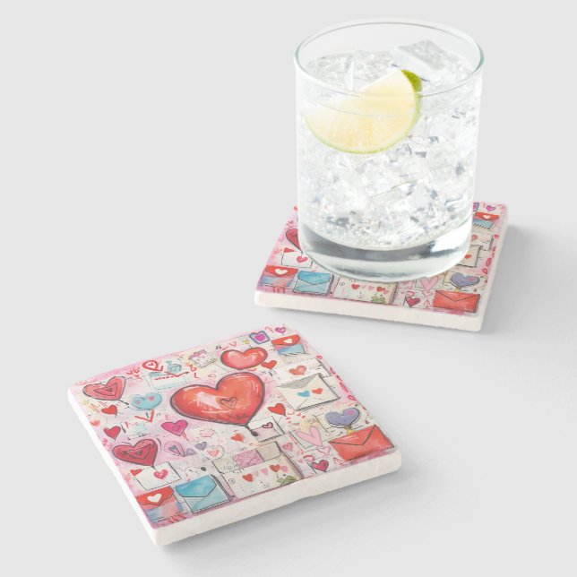 Whimsical Hearts and Love Letters Pattern Stone Coaster (Side)