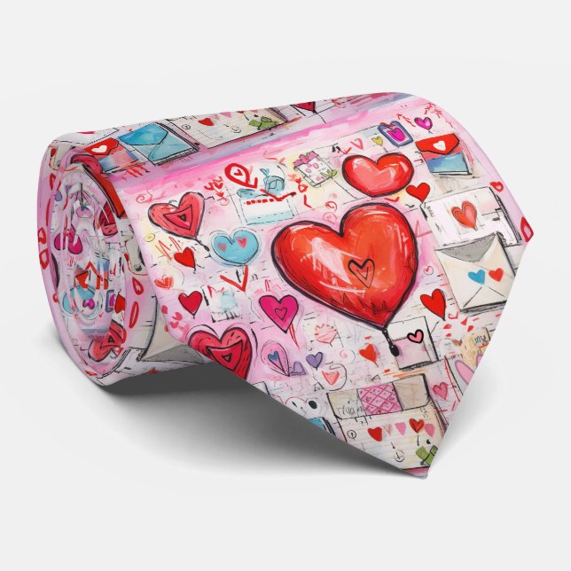 Whimsical Hearts and Love Letters Pattern Tie (Rolled)