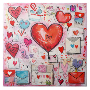 Whimsical Hearts and Love Letters Pattern Tile