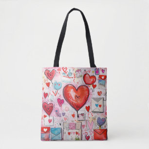 Whimsical Hearts and Love Letters Pattern Tote Bag