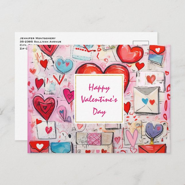 Whimsical Hearts and Love Letters Valentine's Day Holiday Postcard (Front/Back)