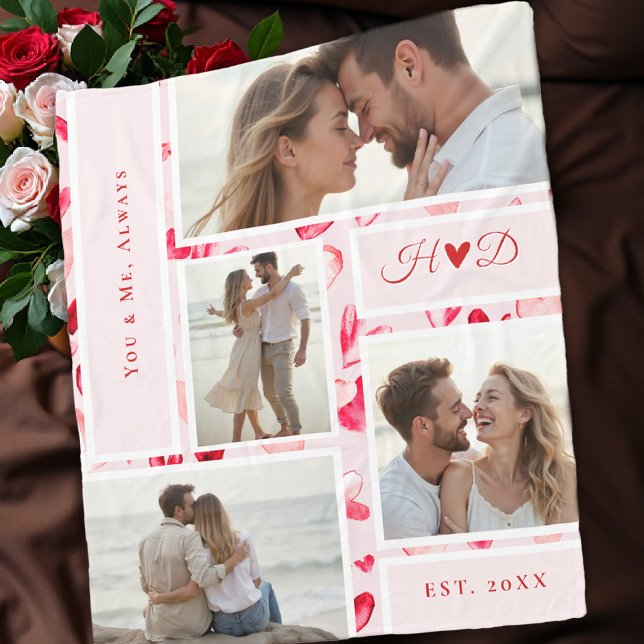 Whimsical Hearts Romantic Chic Photo Collage Gift  Fleece Blanket (valentine love gift photo collage blanket watercolor hearts bridal birthday anniversary)