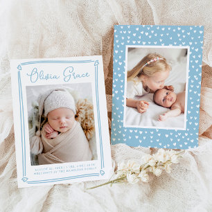 Whimsical Hearts Sky Blue Photo Birth Announcement