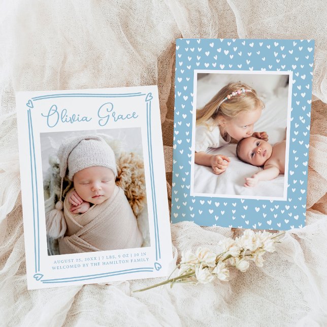 Whimsical Hearts Sky Blue Photo Birth Announcement (Creator Uploaded)