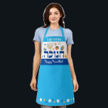 Whimsical Hebrew Hanukkah Menorah Dreidel Doughnut Apron<br><div class="desc">Whimsical colourful Chanukah elements — Jelly Doughnuts, Dreidels, Wrapped Gifts, Gold Coins and Stars of David— surround the word CHANUKAH in Hebrew. Set a Happy Hanukkah tone with this Bold & Bright Hanukkah Apron. Sure to make someone smile . It is the perfect way wish friends and family a Happy...</div>