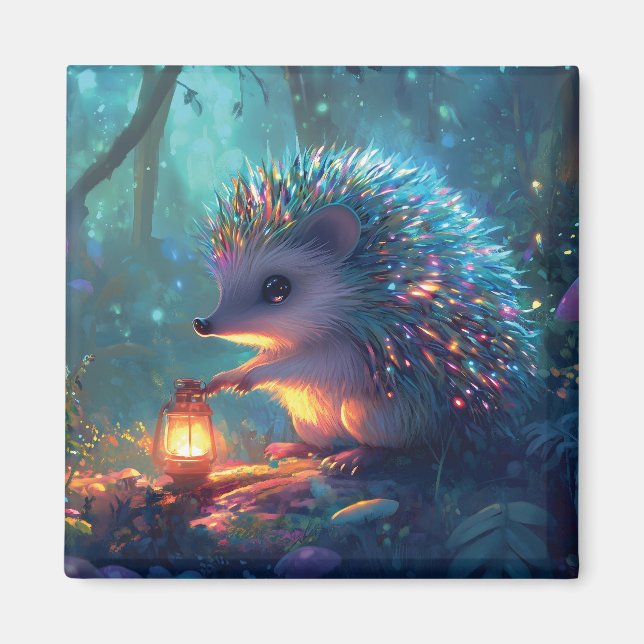 Whimsical Hedgehog and Lantern in Enchanted Forest Magnet (Front)