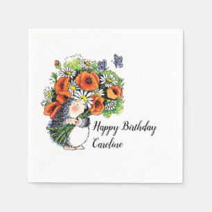 Whimsical Hedgehog and Poppies Birthday   Napkin