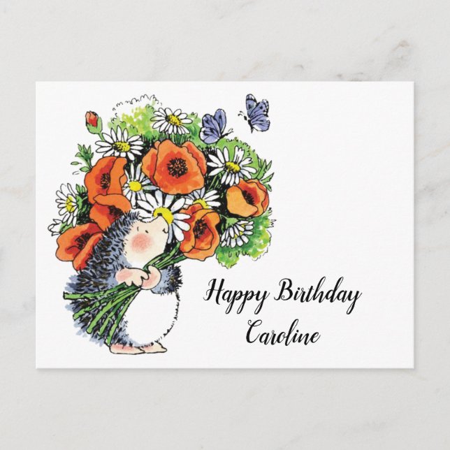 Whimsical Hedgehog and Poppies Birthday Postcard (Front)