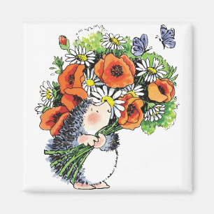 Whimsical Hedgehog and Poppies Magnet