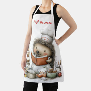 Whimsical Hedgehog Chef with Cookbook Red Name Apron