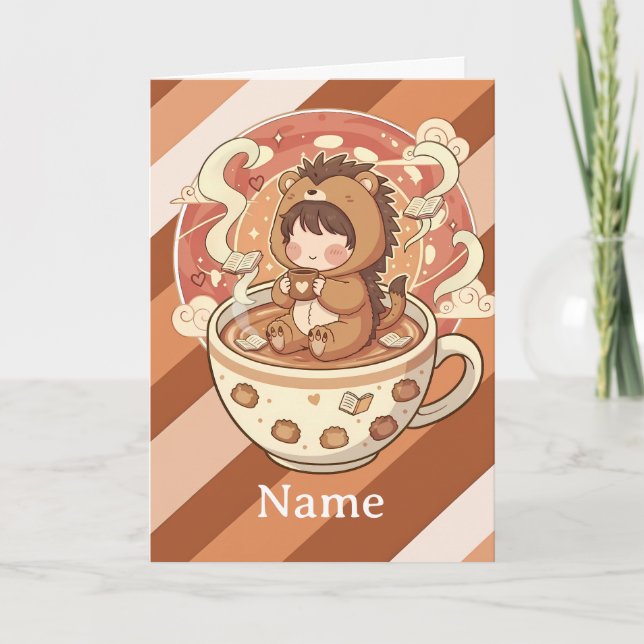 Whimsical Hedgehog Coffee Greeting Card (Front)