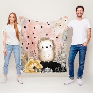 Whimsical Hedgehog Floral Watercolor Art Fleece Blanket