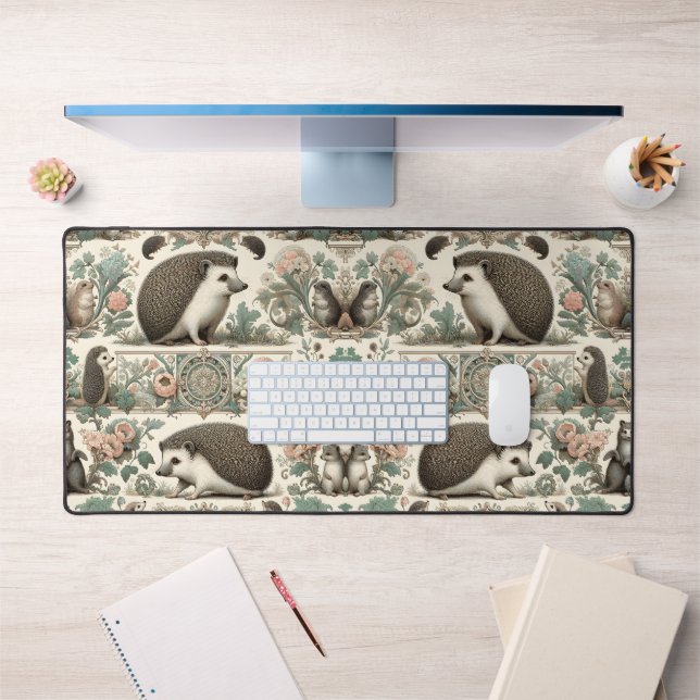 Whimsical Hedgehog Haven: Victorian Floral  Desk Mat (Office 1)