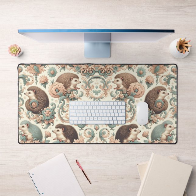 Whimsical Hedgehog Haven: Victorian Floral  Desk Mat (Office 1)