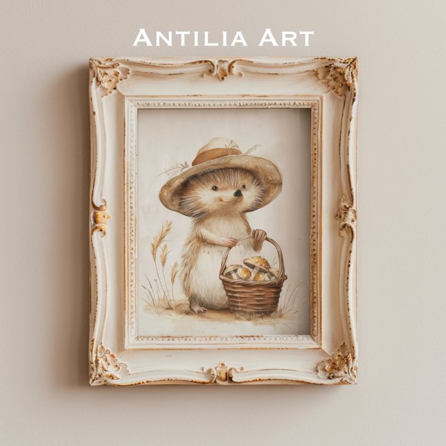 Whimsical Hedgehog Mushroom Basket Woodland Animal Poster (Creator Uploaded)