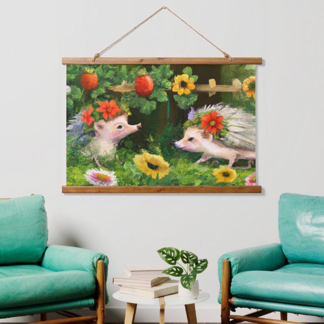 Whimsical Hedgehogs in an English Country Garden Hanging Tapestry (Living Room)