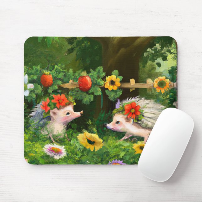 Whimsical Hedgehogs in an English Country Garden Mouse Pad (With Mouse)