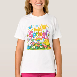 Whimsical "Hello Spring" Illustration with Bunny T-Shirt