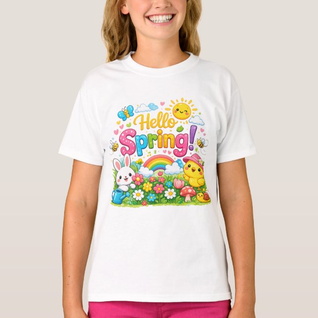 Whimsical "Hello Spring" Illustration with Bunny T-Shirt (Front)