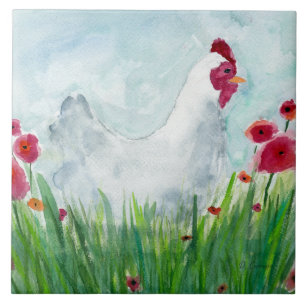 Whimsical Hen and Red Poppies Watercolor Ceramic T Tile