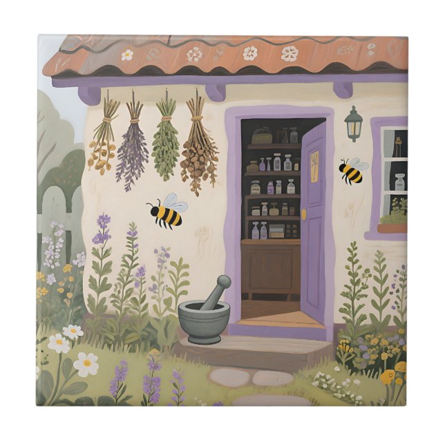 Whimsical Herb Cottage Garden Tile (Front)