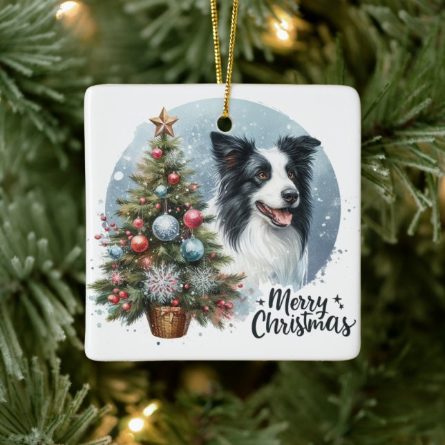 Whimsical Herding Border Collie Dog Merry Xmas Ceramic Ornament (Tree)
