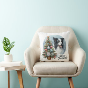 Whimsical Herding Border Collie Dog Merry Xmas Cushion