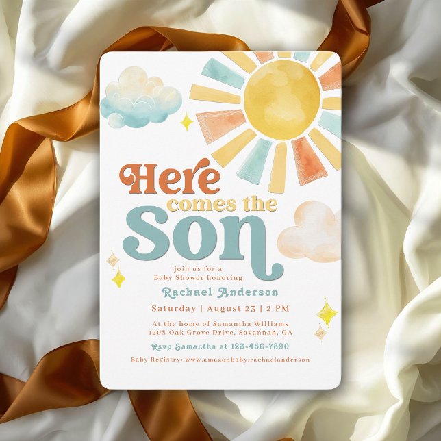Whimsical Here Comes the Son Sun Rays Baby Shower Invitation (Creator Uploaded)