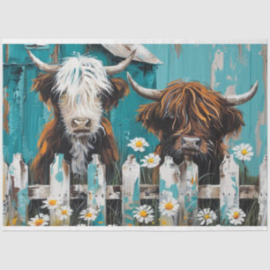 Whimsical Highland Cow Daisy Blue Barn Decoupage  Tissue Paper