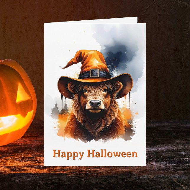 Whimsical Highland Cow Orange Witch Hat Halloween Card (Happy Halloween Highland Cow Greeting Card Design. Witchy spooky season Calf notecards)