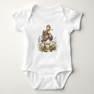 Whimsical Hiking Duck Illustration with Backpack Baby Bodysuit