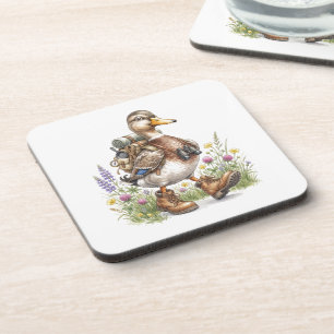 Whimsical Hiking Duck Illustration with Backpack  Coaster