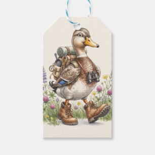 Whimsical Hiking Duck Illustration with Backpack Gift Tags