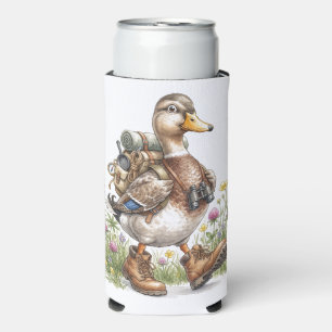 Whimsical Hiking Duck Illustration with Backpack  Seltzer Can Cooler