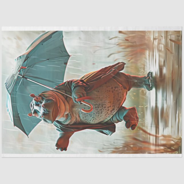 Whimsical Hippo Dancing in Rain Decoupage  Tissue Paper (Front)