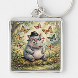 Whimsical Hippo with Glasses Watercolor Key Chain