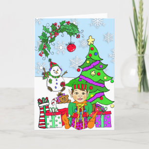 Whimsical  Holiday Elf and Christmas Tree Card